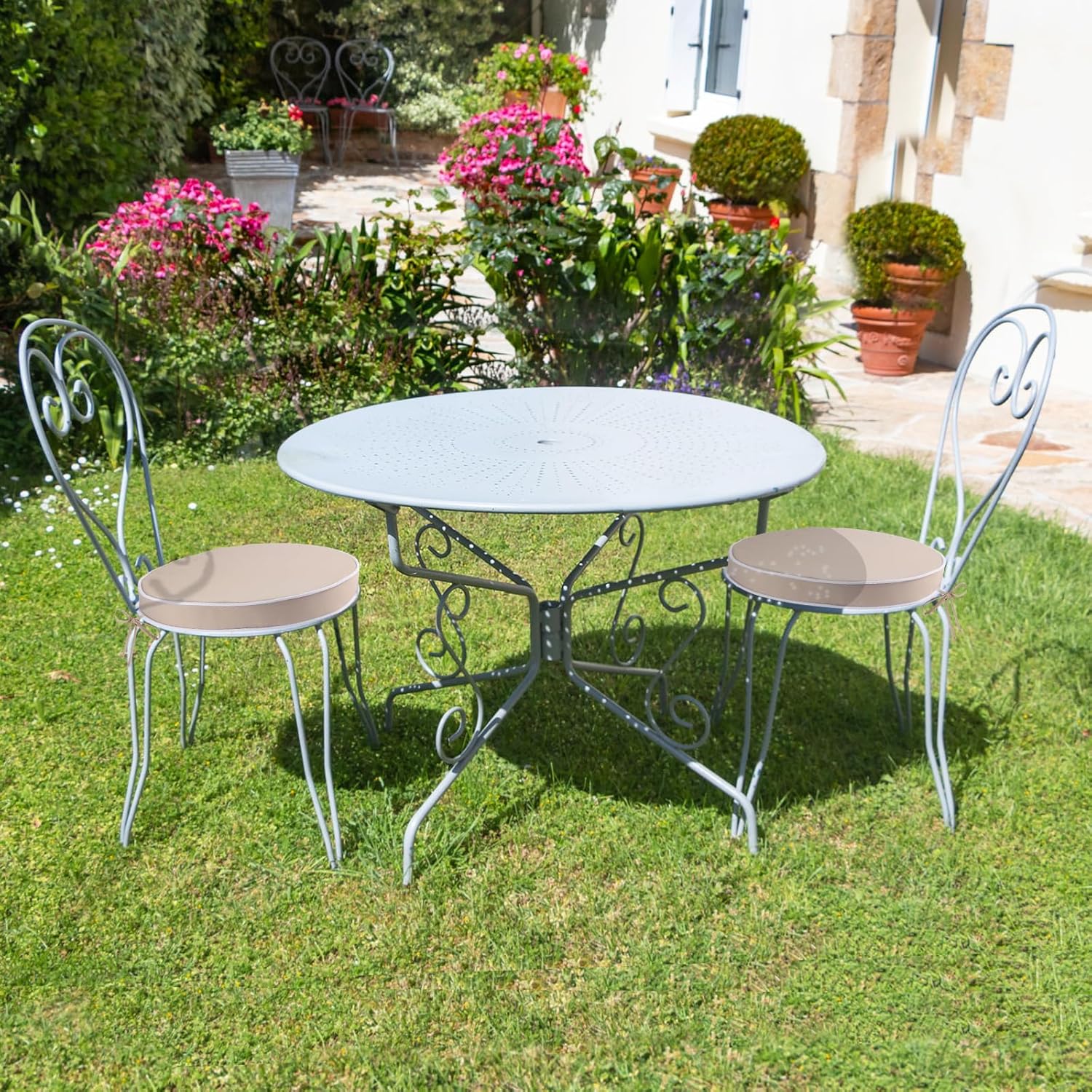 Outdoor Diameter 16 Inch Round Bistro Chair Cushion, Waterproof & Fade-Resistant Circular Seat Pad with Ties for Patio Furniture, Set of 2, Khaki
