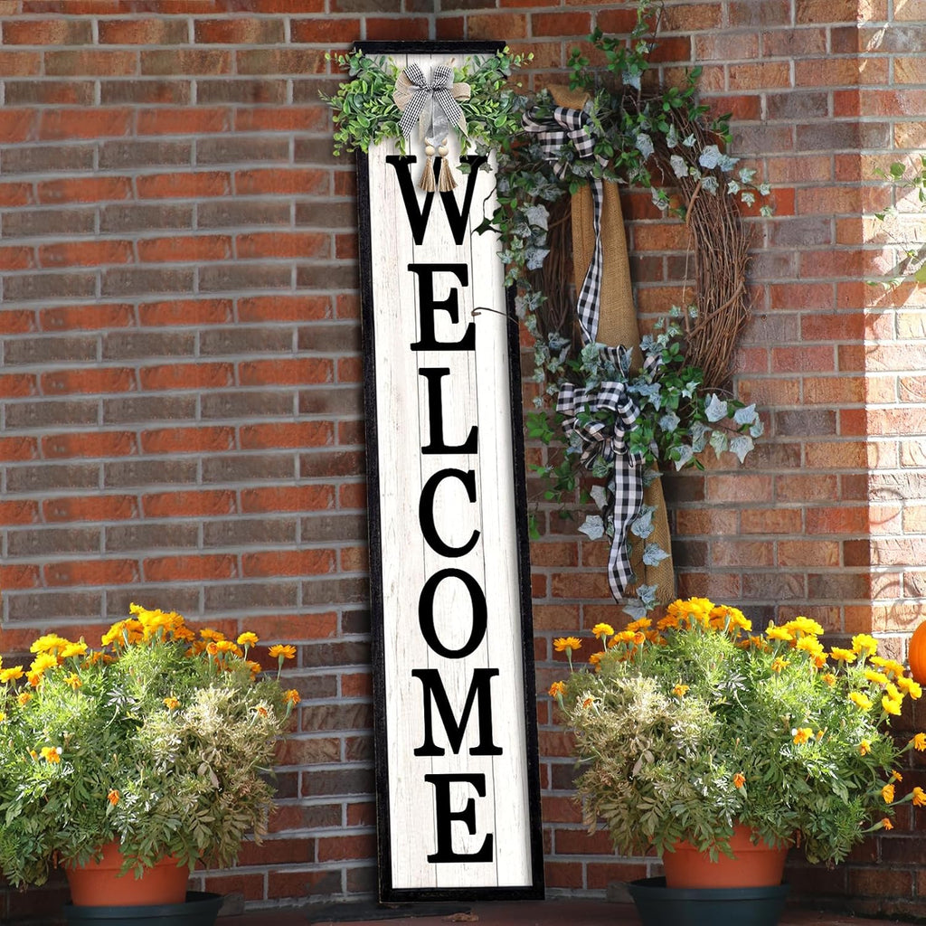 Outdoor Welcome Sign for Front Porch Standing 45"×9" Tall Wood Frame Vertical Leaner farmhouse Outside Rustic Large Welcome Sign for Front Door Home Decorations (Black)