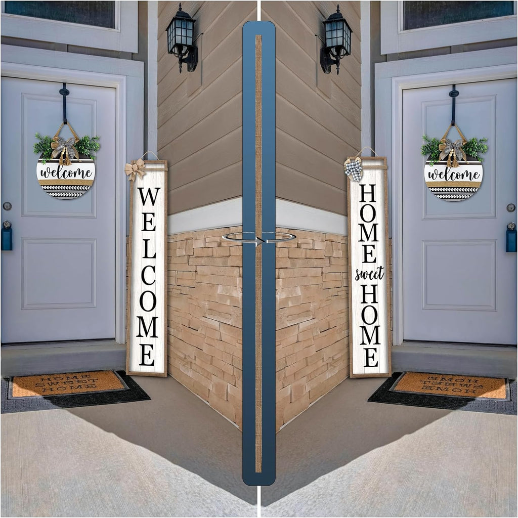 Outdoor Welcome Sign for Front Porch Standing Large 2 Sided 45"X9" Wooden Frame Tall Vertical Leaner Long Home Sweet Home Front Door Sign for Rustic Outside Farmhouse Modern Decor (Wood White)