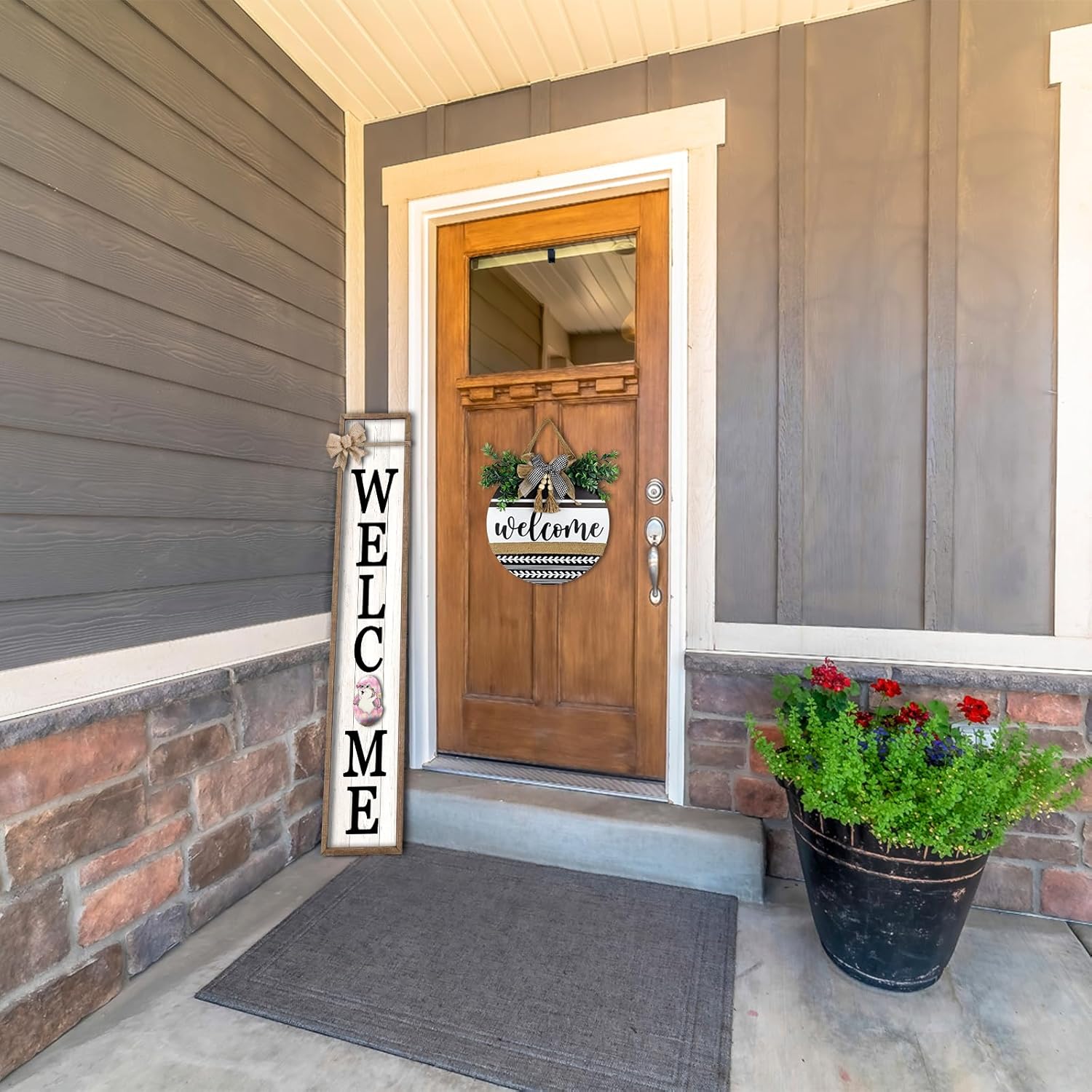 Surfapans Interchangeable Welcome Sign for Front Porch Standing 45"X9" Large with 12 Pcs Replaceable Icons Outdoor Decorations Frame Tall Vertical Outside Farmhouse Rustic Door Decor (Wood)