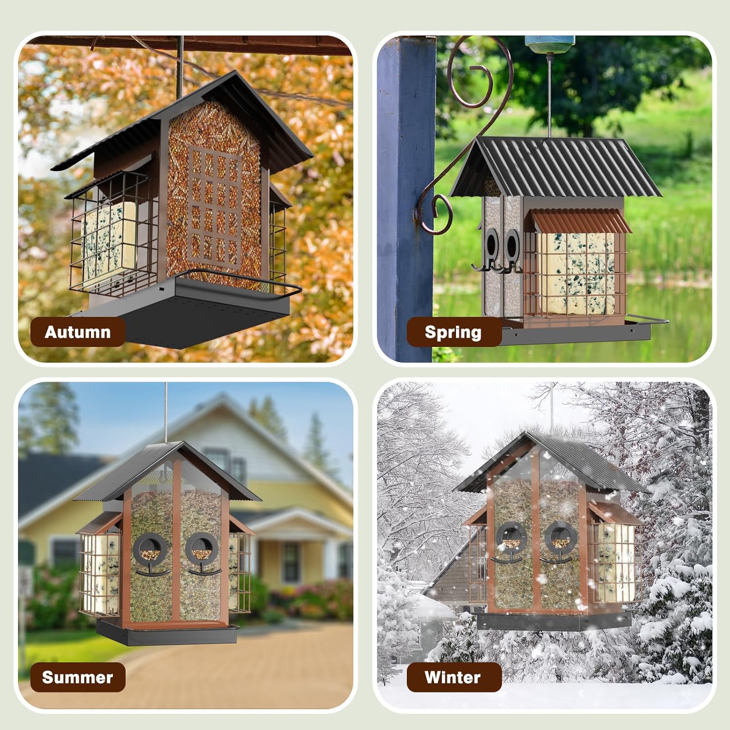 Bird Feeders for Outdoors, Metal Bird Feeder with Double Suet Cage Weatherproof Metal Roof, 2 in 1 Mixed Seeds Suet Feeder, 4Lbs Large Capacity, Great for Finch、Cardinal、Chickadee（Brown）