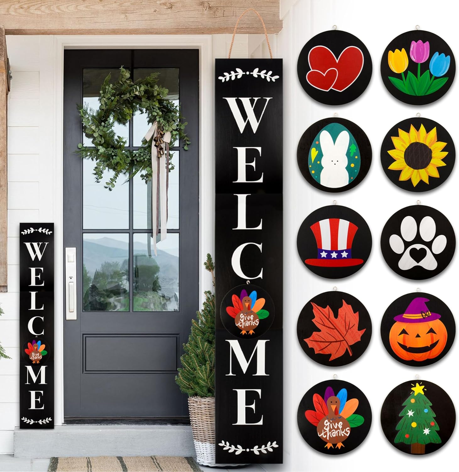 Welcome Sign for Front Porch Standing, Interchangeable Wooden Sign with 5 Designed Double-Sided Icons for Front Door, All Seasonal Farmhouse Rustic Modern Porch Decor for Fall Harvest