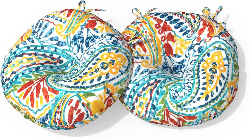 Outdoor Bistro Chair Cushion with Ties, Tufted Patio Chair Cushions Set of 2, Round Seat Cushion 15”x15”x4” for Home Garden Balcony Office Porch Lawn Deck, Paisley Multi