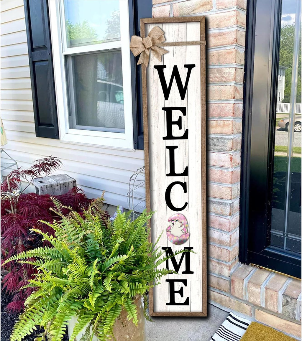Surfapans Interchangeable Welcome Sign for Front Porch Standing 45"X9" Large with 12 Pcs Replaceable Icons Outdoor Decorations Frame Tall Vertical Outside Farmhouse Rustic Door Decor (Wood)