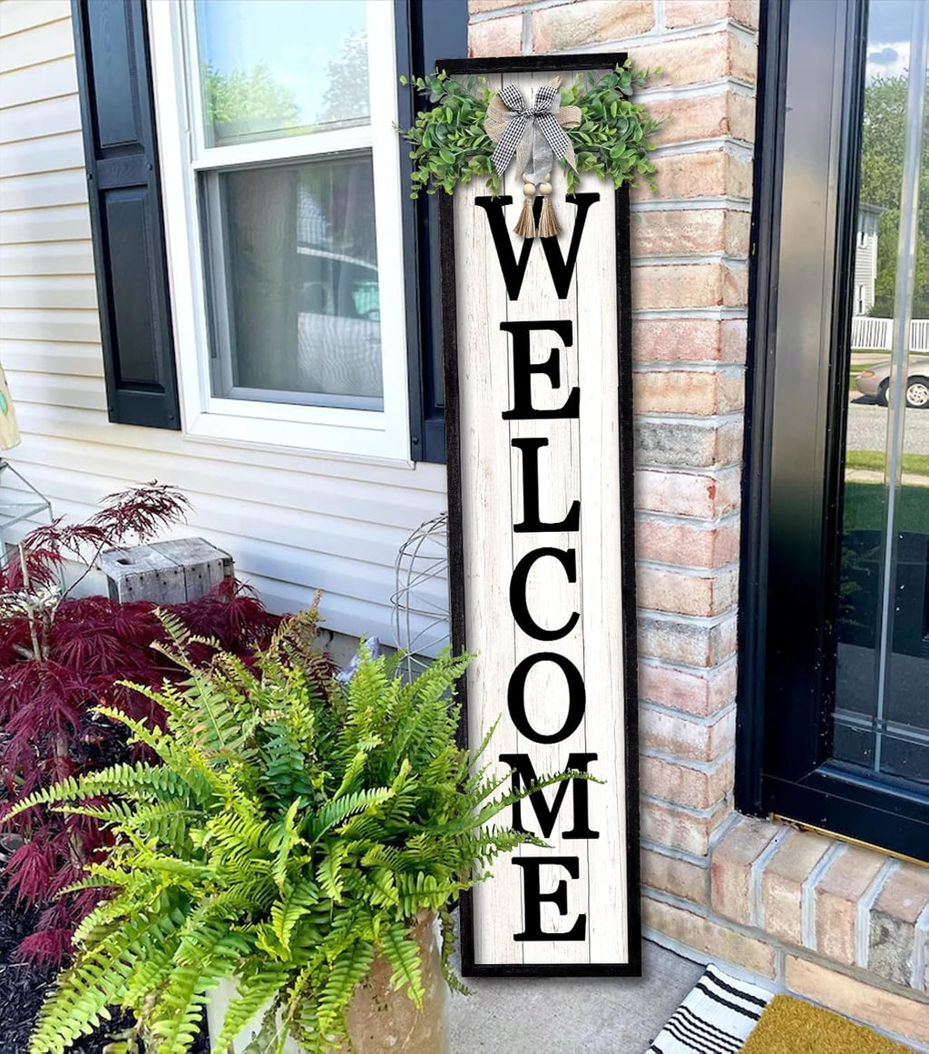 Outdoor Welcome Sign for Front Porch Standing 45"×9" Tall Wood Frame Vertical Leaner farmhouse Outside Rustic Large Welcome Sign for Front Door Home Decorations (Black)