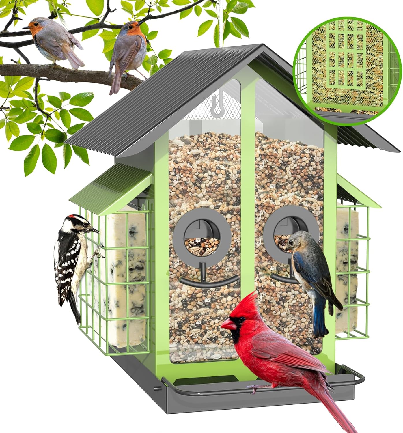 Bird Feeders for Outdoors, Metal Bird Feeder with Double Suet Cage Weatherproof Metal Roof, 2 in 1 Mixed Seeds Suet Feeder, 4Lbs Large Capacity, Great for Finch、Cardinal、Chickadee（Brown）