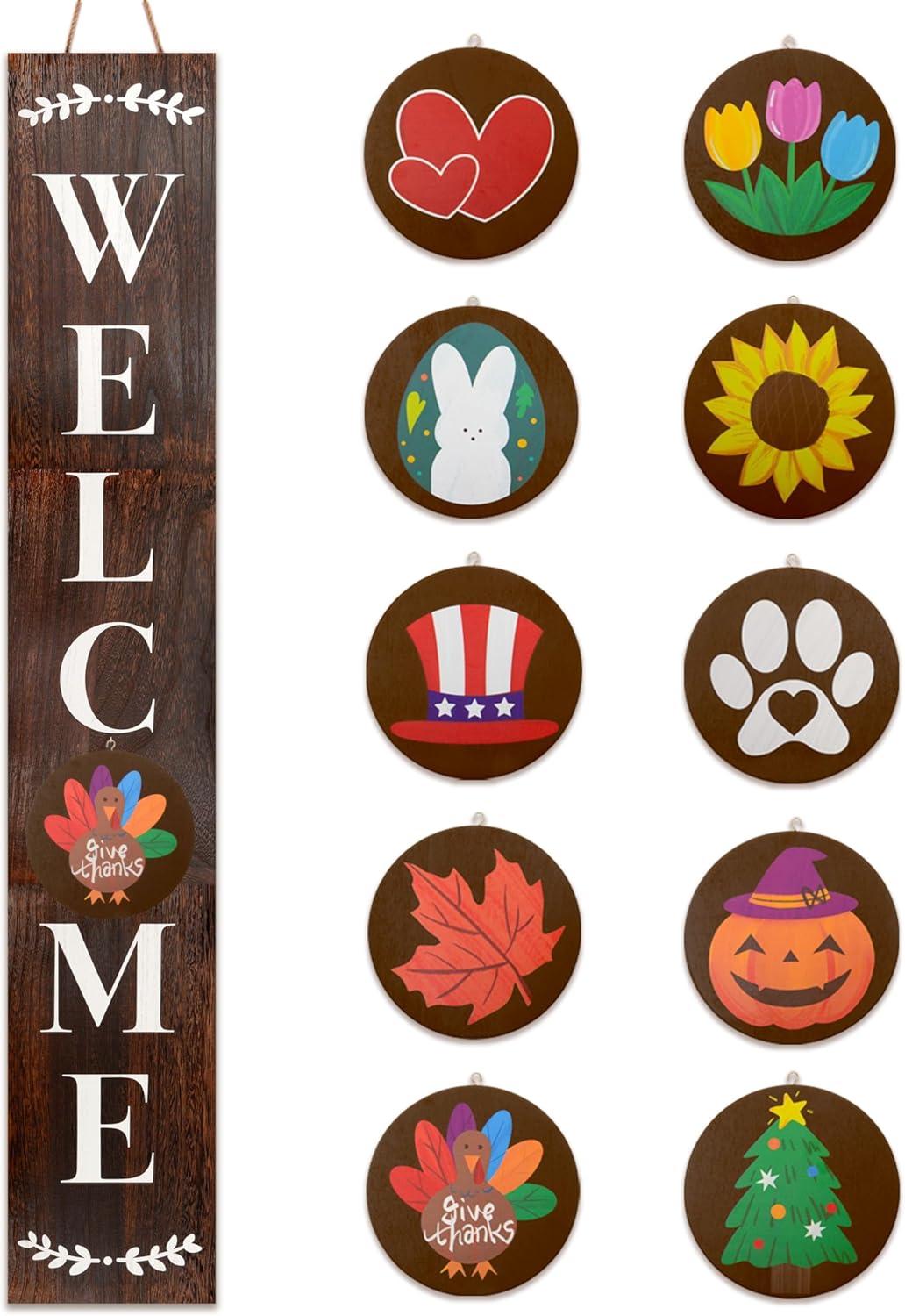 Welcome Sign for Front Porch Standing, Interchangeable Wooden Sign with 5 Designed Double-Sided Icons for Front Door, All Seasonal Farmhouse Rustic Modern Porch Decor for Fall Harvest