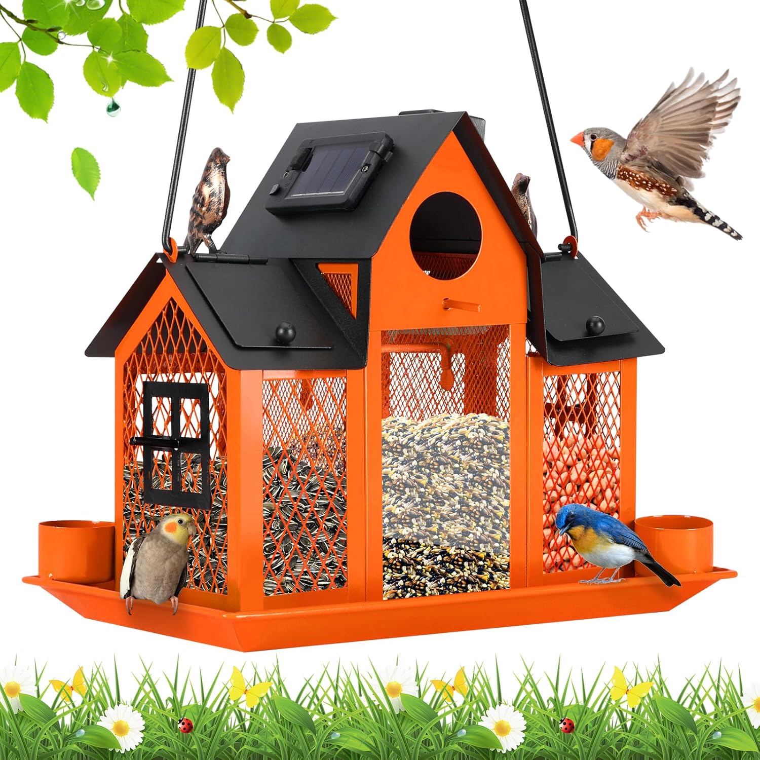 Solar Bird Feeders House Outside Hanging Metal Wild Bird Feeder Outdoors Large Cardinal Bird Feeder Birdhouses Squirrel Proof White