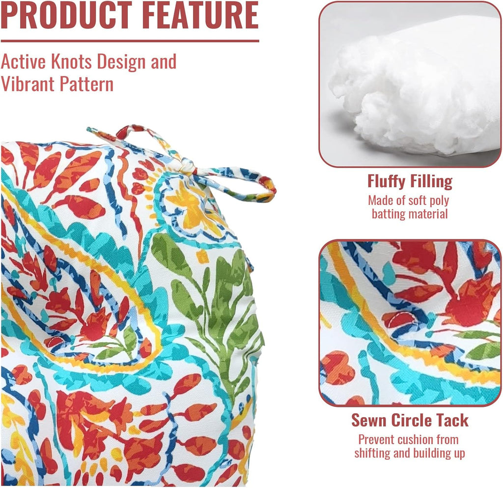 Outdoor Bistro Chair Cushion with Ties, Tufted Patio Chair Cushions Set of 2, Round Seat Cushion 15”x15”x4” for Home Garden Balcony Office Porch Lawn Deck, Paisley Multi