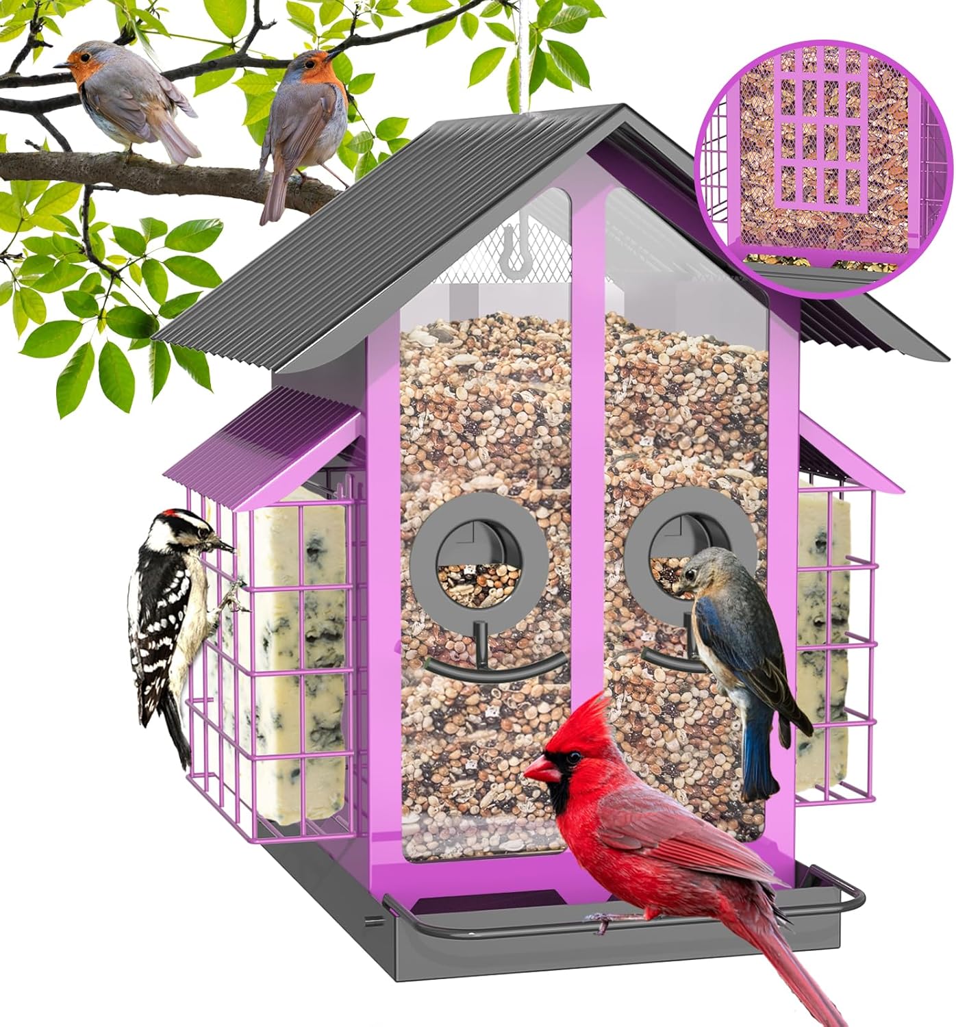 Bird Feeders for Outdoors, Metal Bird Feeder with Double Suet Cage Weatherproof Metal Roof, 2 in 1 Mixed Seeds Suet Feeder, 4Lbs Large Capacity, Great for Finch、Cardinal、Chickadee（Brown）