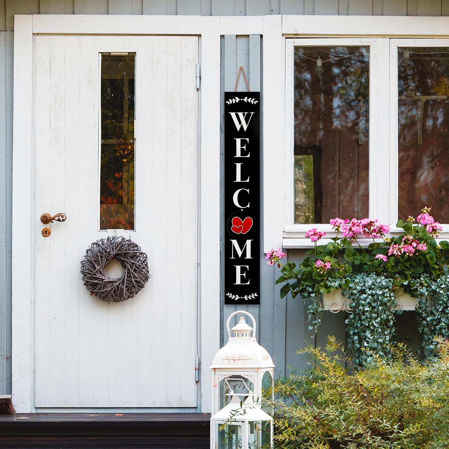 Welcome Sign for Front Porch Standing, Interchangeable Wooden Sign with 5 Designed Double-Sided Icons for Front Door, All Seasonal Farmhouse Rustic Modern Porch Decor for Fall Harvest