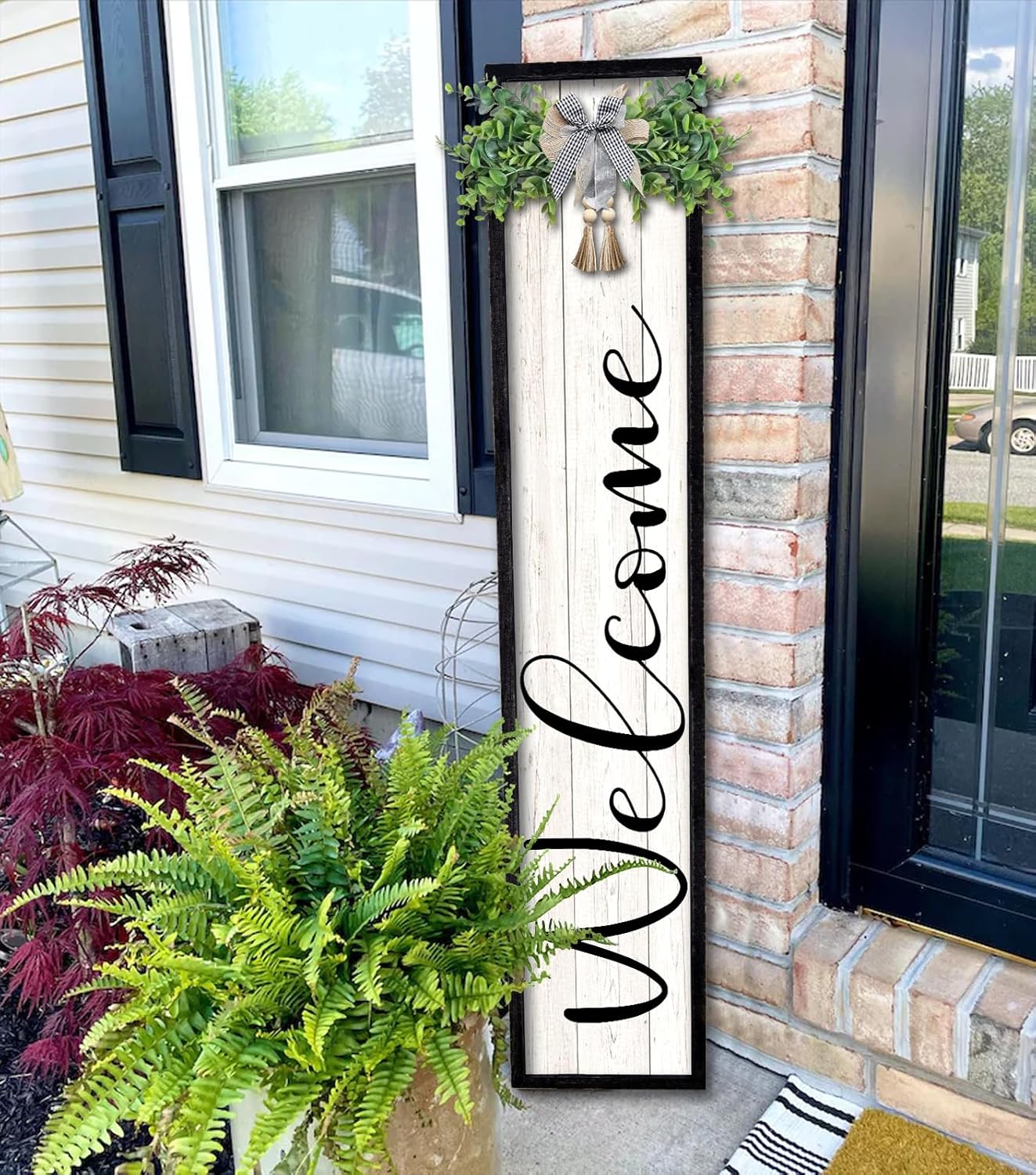 Welcome Sign for Front Porch Standing 45"X9" Large Outdoor Decor Rustic Vertical Leaner Wood Frame Porch Tall Welcome Signs for Farmhouse Outside Front Door Decorations (Wood White)
