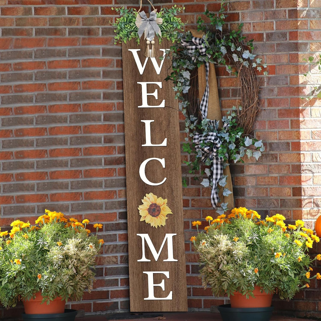 Interchangeable Outdoor Welcome Sign for Front Porch Standing 47"×8" Set of 3 Large Wood Frame with 12 Pcs Icons Vertical Tall Leaner Outside Welcome Sign for Front Door Decor (Wood)