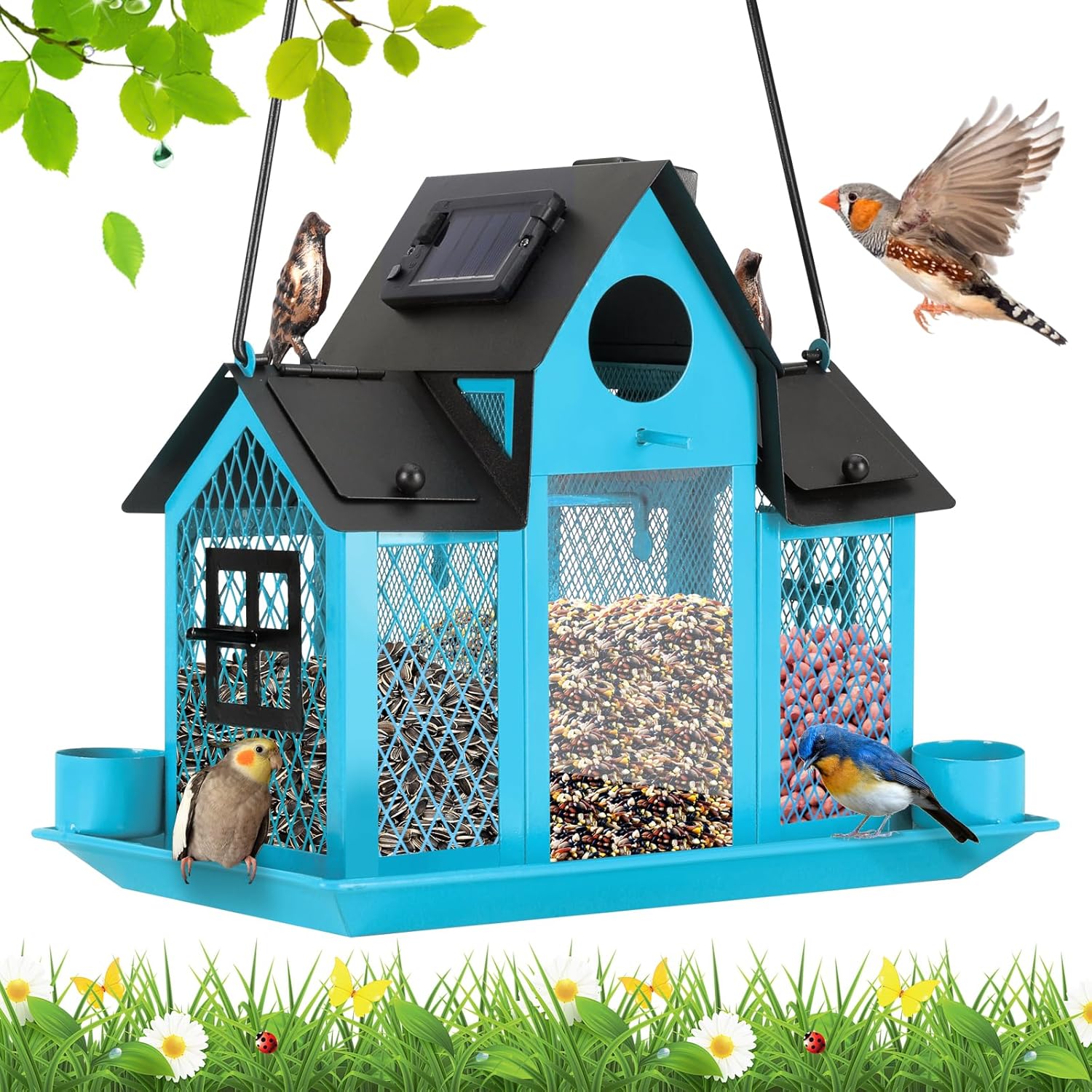 Solar Bird Feeders House Outside Hanging Metal Wild Bird Feeder Outdoors Large Cardinal Bird Feeder Birdhouses Squirrel Proof White