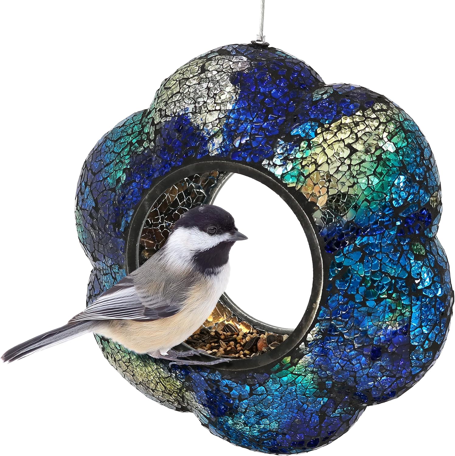 Sunnydaze 6-Inch Glass Mosaic Hanging Bird Feeder for Outdoors - Fly-Through Wild Bird Feeder - Iridescent Purple Mosaic